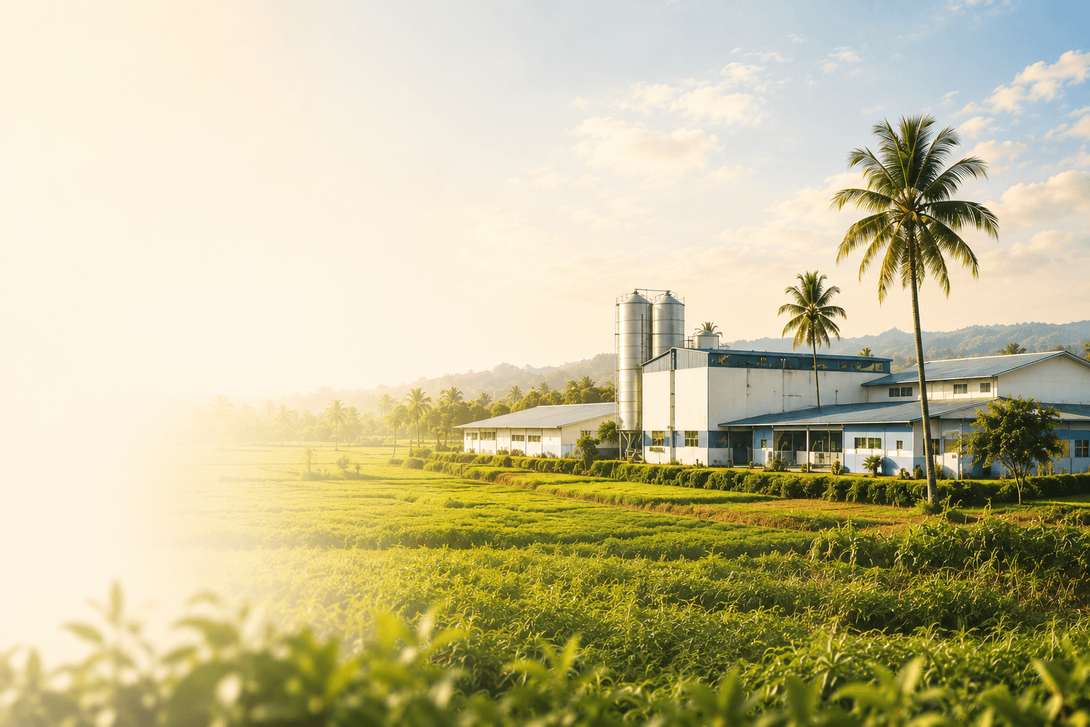 Kerala dairy facility surrounded by green agricultural fields and coconut trees
